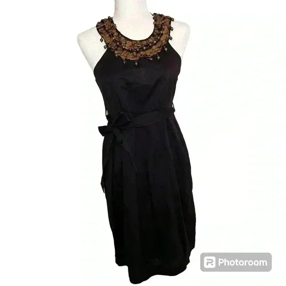 Remark Boho Embellished Collar Dress  Sz S Side Pocket Little Black Dress - Pic